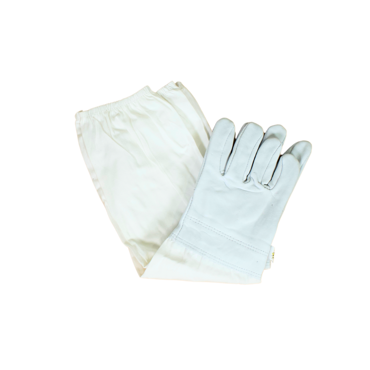 White leather beekeeping gloves folded on a white background.