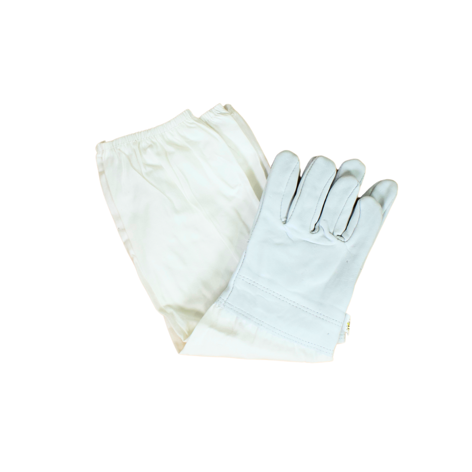 White leather beekeeping gloves folded on a white background.