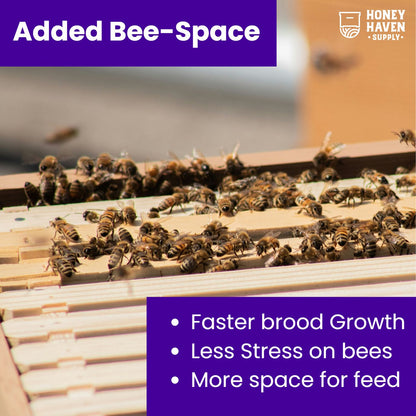 An image of bees on top of a frame, with a text overlay explaining why the beespace provided by inner covers is helpful.