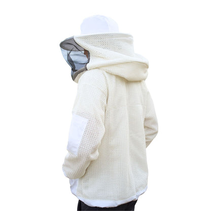 Back view of a man in white mesh ventilated beekeeping jacket.