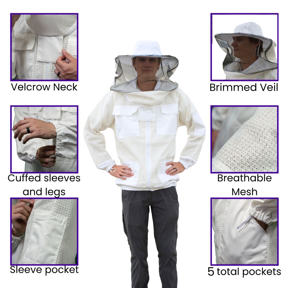 Man in white mesh ventilated beekeeping jacket with certain features highlighted. The velcro neck, cuffed sleeves, pockets, full brimmed veil, and heavy duty breathable mesh are all enlarged.