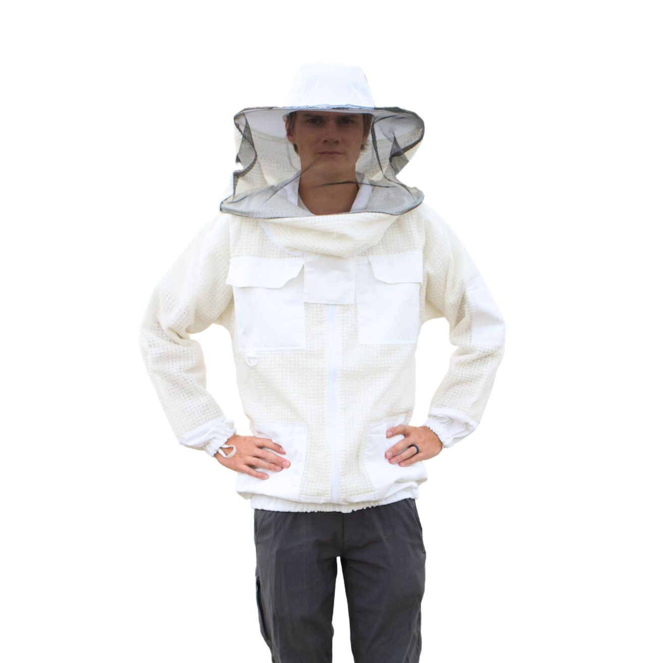 Man in white mesh ventilated beekeeping jacket on a white background.