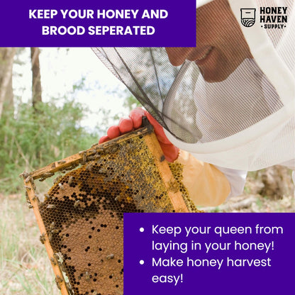 Picture of a man in a mesh bee suit holding a full frame of bees ad honey. Text overlays explain the benefits of using a queen excluder, Keep your honey and brood separated, make honey harvest easy!