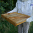 Man in a bee suit holding a wax dipped bottom board for a beehive.