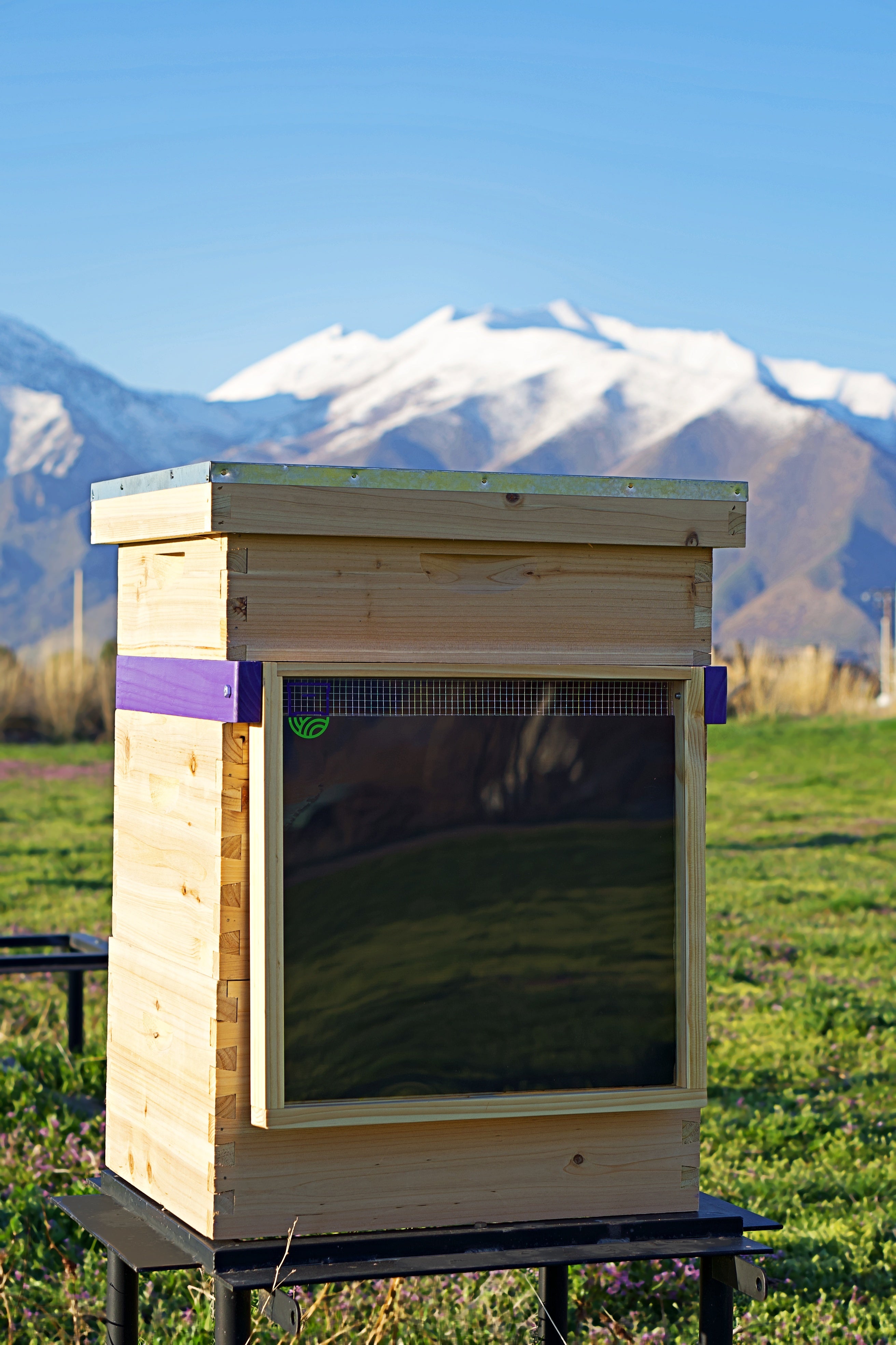 A HiveHeater sits installed on a hive in a beautiful green field with snow capped mountains in the background.