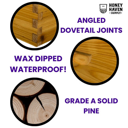 An infographic of certain components of honey haven hive box. Text explain that honey haven boxes are built with angled dovetail joints for security, are wax dipped for weather resistance, and are made from grade A solid pine. 