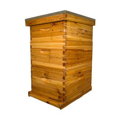 A honey haven hive kit including 1 lid, 3 hive boxes, and a bottom board sit displayed on a white background.