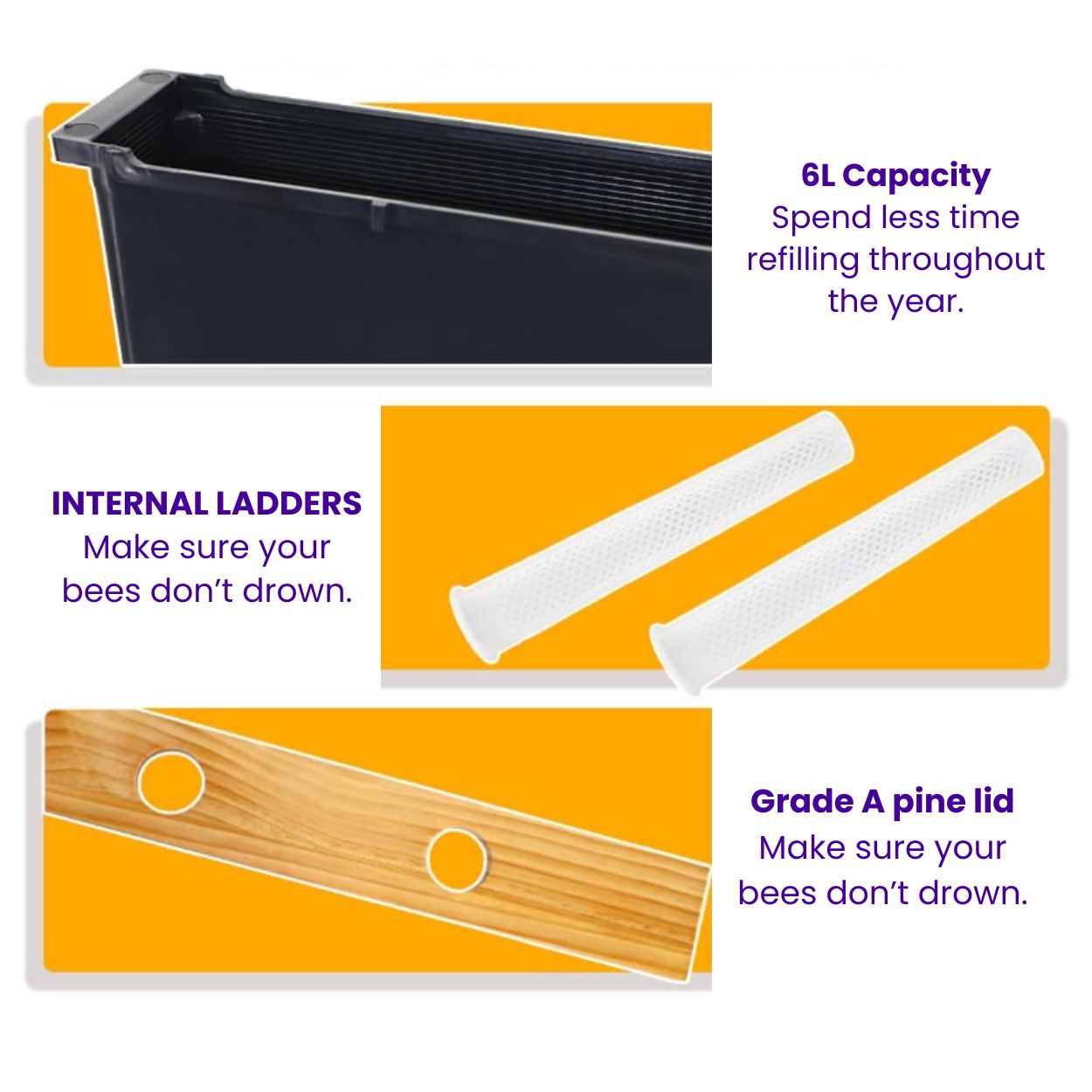 An infographic explaining the honey haven supply internal feeder has a 6l capacity and has internal ladders to stop bees from drowning themselves.