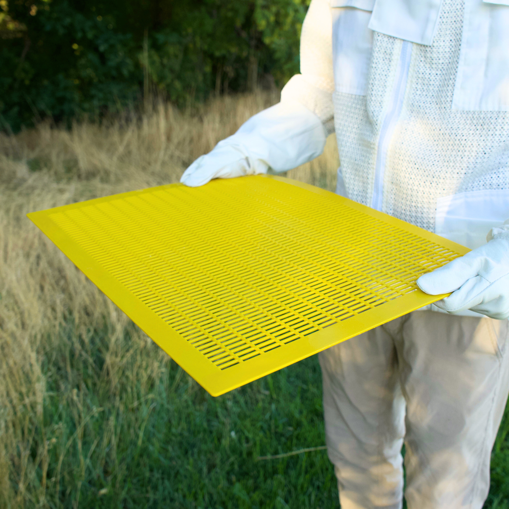 A man in a mesh bee suit holds a yellow plastic queen excluder.