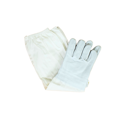 White leather beekeeping gloves folded on a white background. 