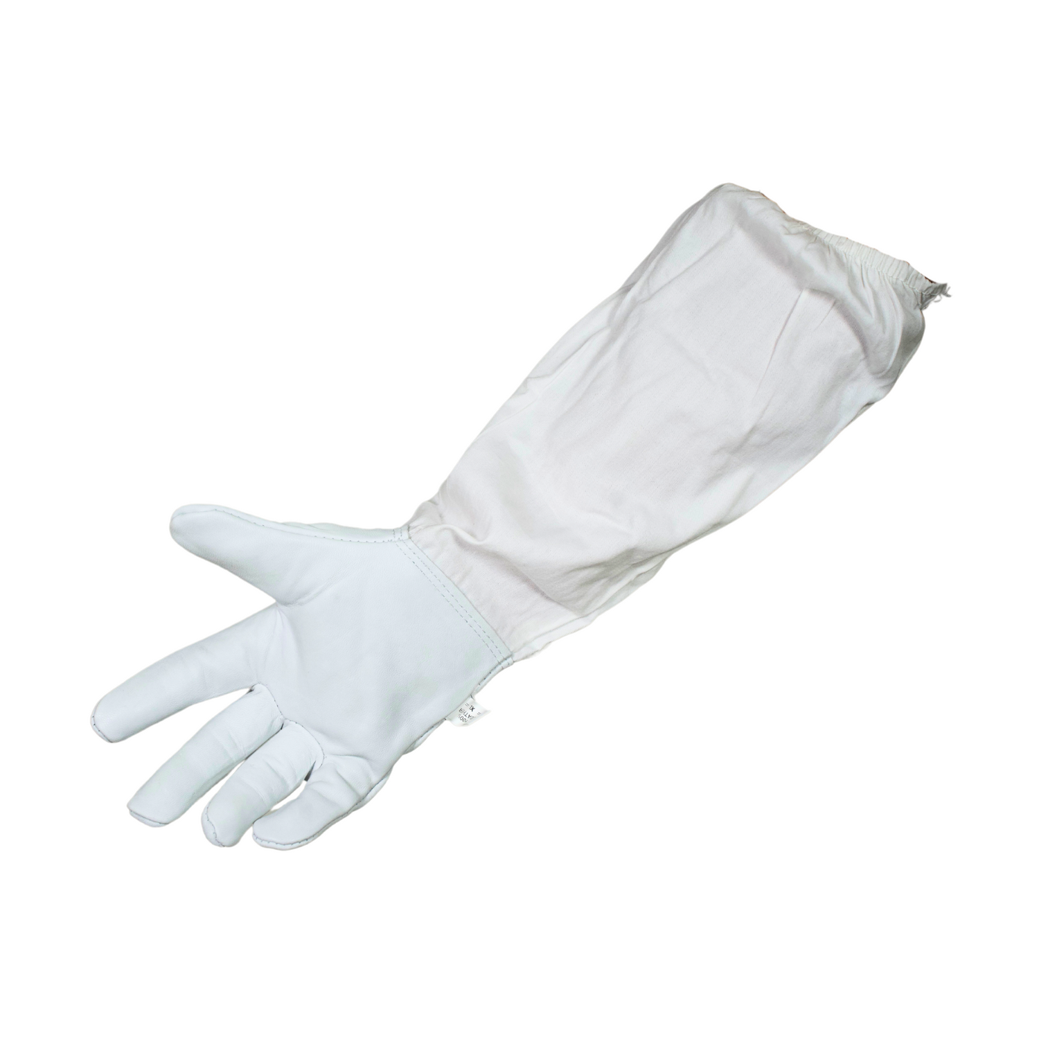 Single white leather beekeeping glove on white background showing what the glove looks like open.