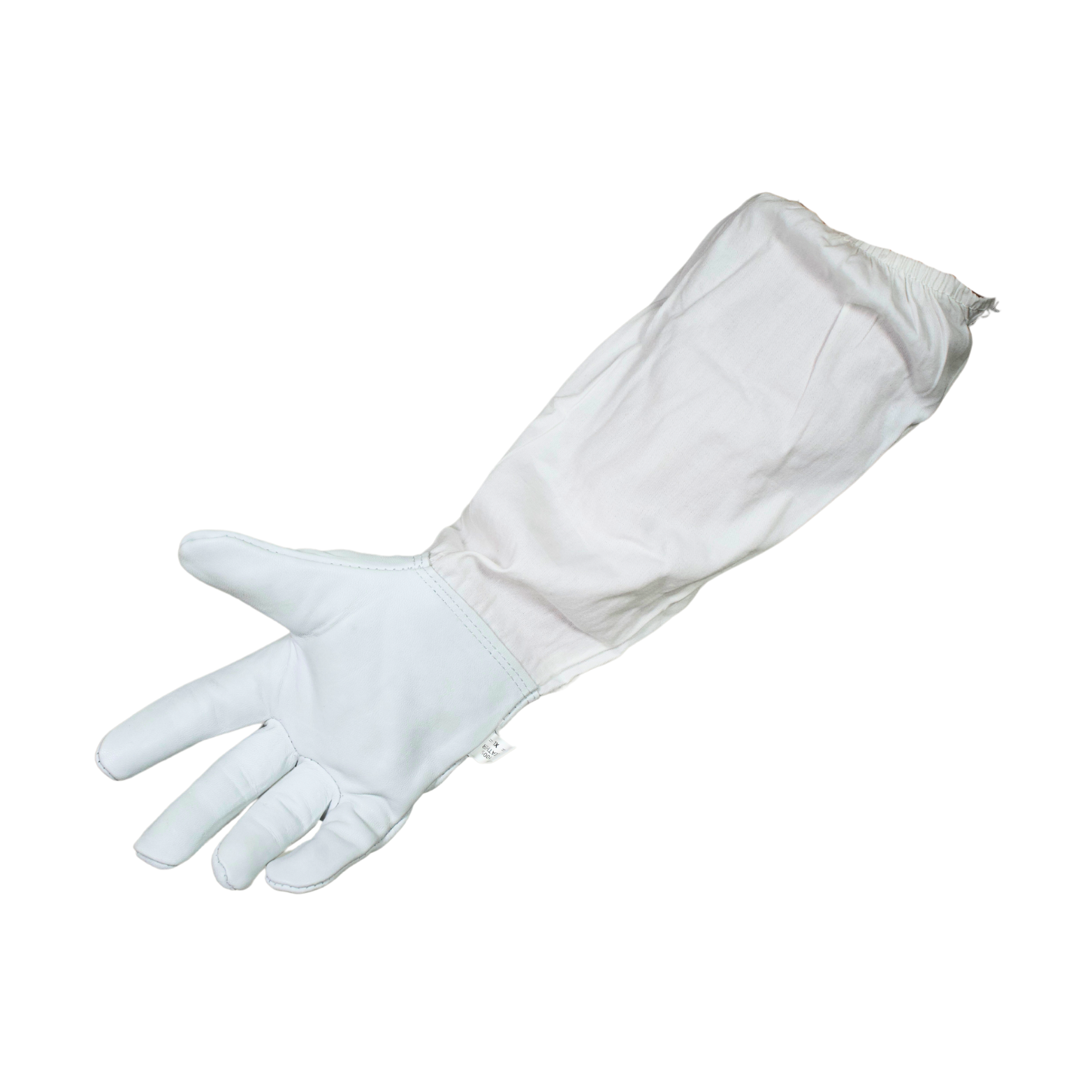 Single white leather beekeeping glove on white background showing what the glove looks like open.