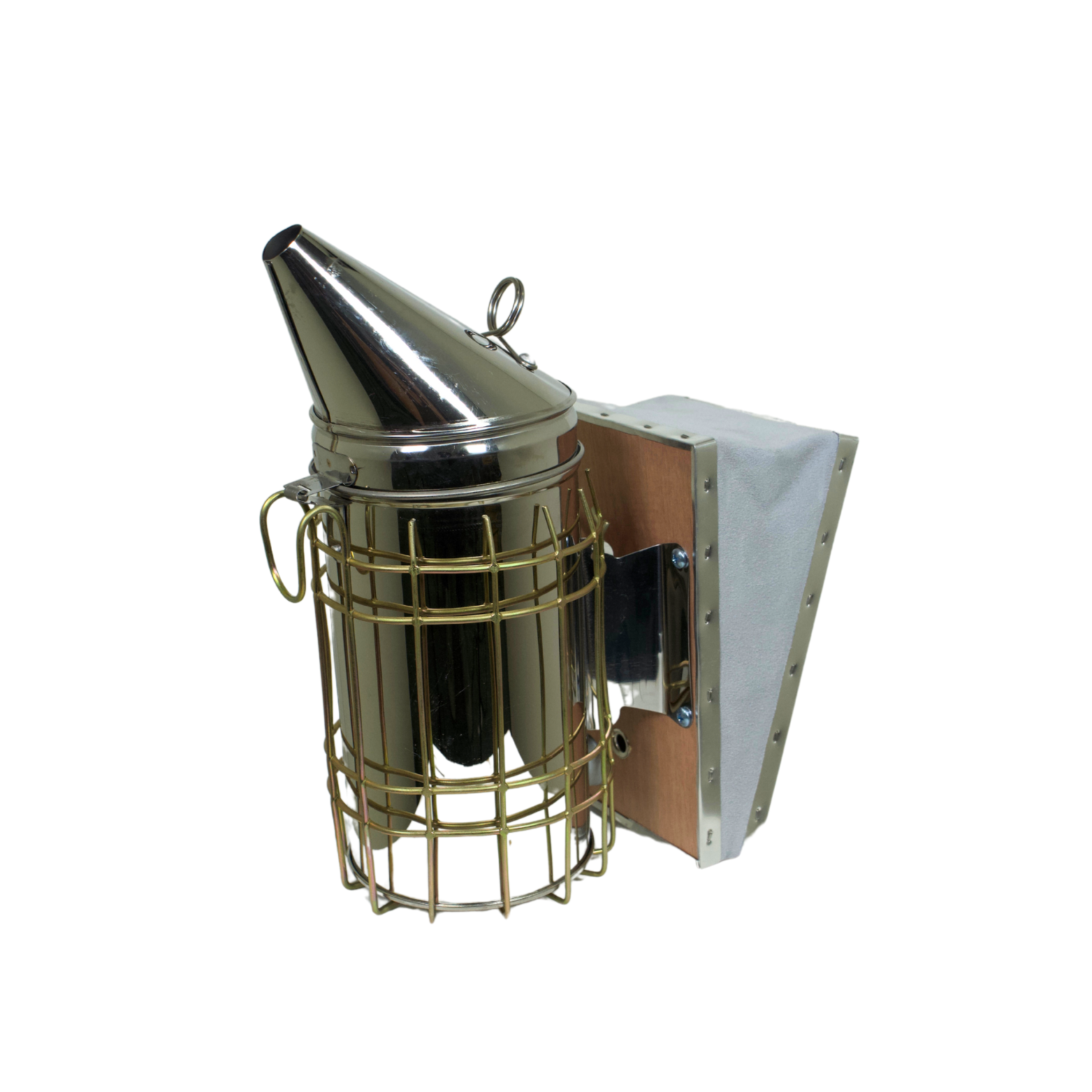 Stainless steel beekeeping smoker on white background.